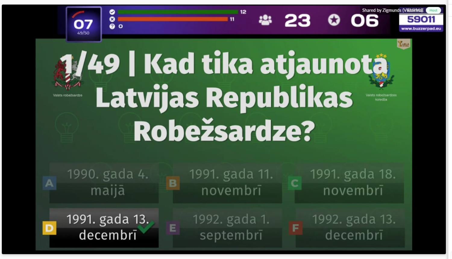 Aizritējusi jauno aizsargu erudīcijas spēle